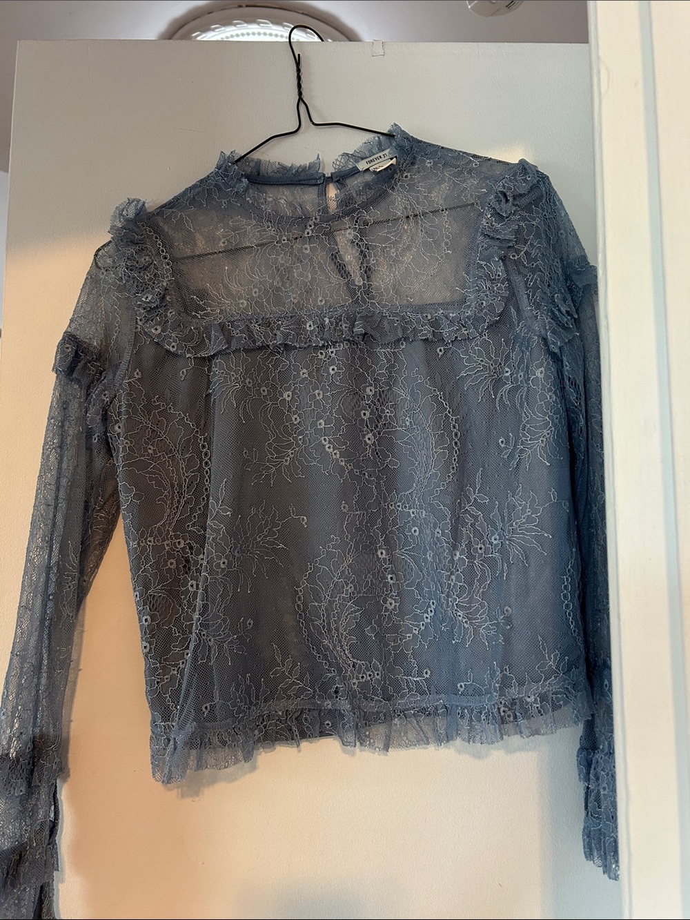 SHEIN Dusty Blue Sheer Lace Ruffle Blouse